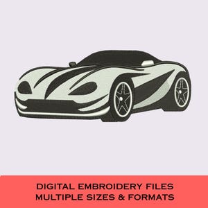 Può includere: Un disegno da ricamo di un'auto sportiva in filo bianco e nero. L'auto presenta un profilo basso, curve eleganti e ruote a cinque razze. Sotto l'auto, il testo recita: DIGITAL EMBROIDERY FILES MULTIPLE SIZES & FORMATS.