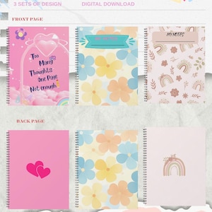 Può includere: Immagine digitale di copertine di quaderni con vari design. Le copertine anteriori presentano motivi floreali, arcobaleni e testo. Le copertine posteriori mostrano cuori e arcobaleni. Il testo "NOTEBOOK COVER" è in alto.