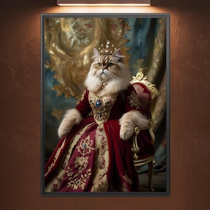 Baroque Cat Queen Portrait – Elegant Royal Feline Wall Art – Vintage Digital Download