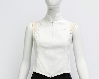White Futuristic Sleeveless Top, High Neck Zip Vest with UV Reactive Shoulder Panels, Cyberpunk Festival Outfit
