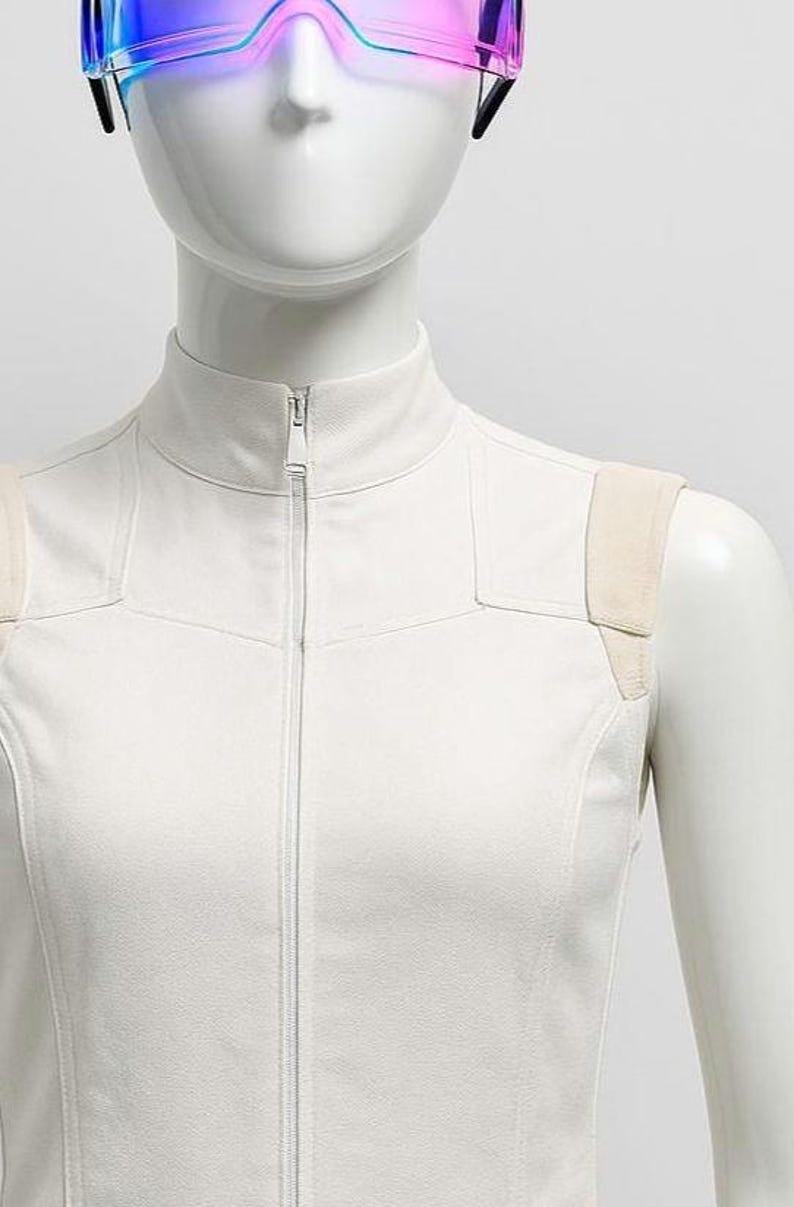 May include: A sleeveless off-white vest with a high collar and a central vertical zipper closure. The garment features structured shoulder panels in a lighter beige tone and is worn by a mannequin wearing iridescent pink and blue goggles.