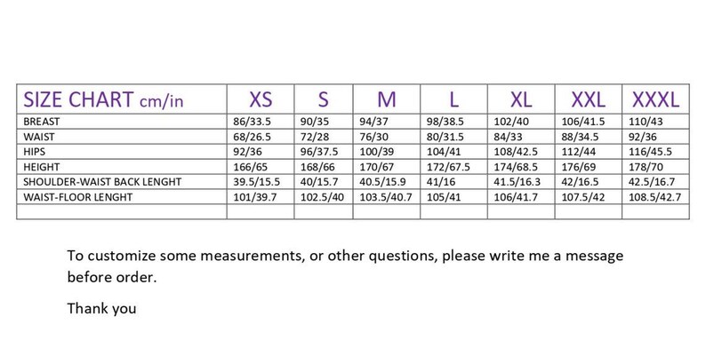 May include: A size chart in a grid format, with measurements in both centimeters and inches. The chart includes sizes XS to XXXL, detailing breast, waist, hips, height, shoulder-waist back length, and waist-floor length measurements.
