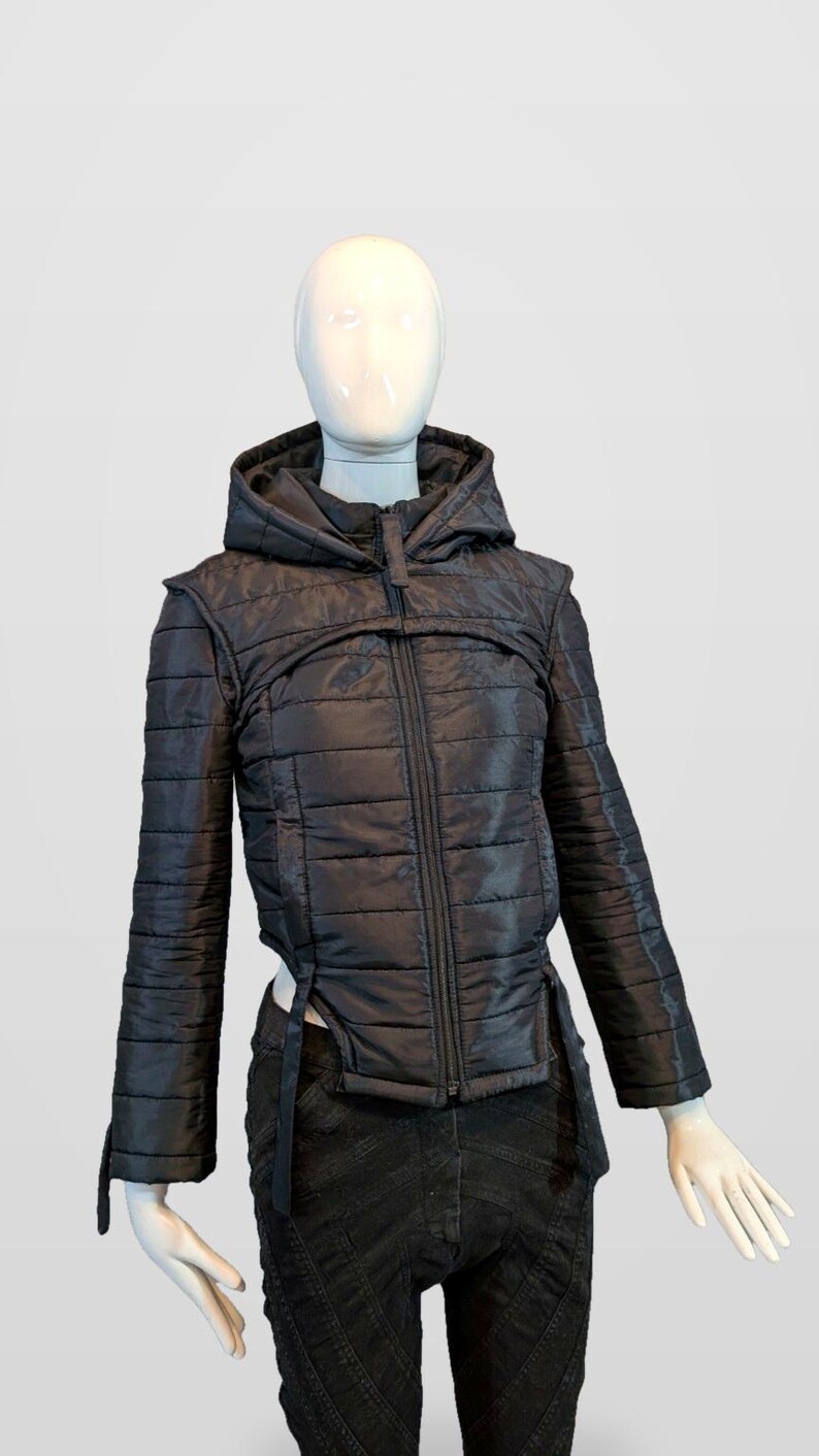 Black Nova Puffer — Black Futuristic Quilted Puffer Jacket image 3