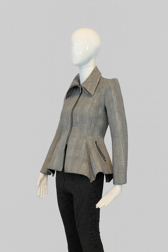 Futuristic Peplum Neoprene Jacket, Women’s Structured Blazer, Avant-Garde Tailored Design, cosmic fashion.