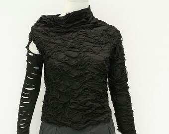 Futuristic Distressed Black Top, Handcrafted Avantgarde Mesh Shirt, Cyberpunk Longsleeve