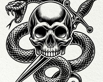 Skull Snake Sword Tattoo Design: Gothic Silhouette (Digital Download)