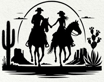 Pareja de vaqueros en una escena del desierto del oeste (SVG, descarga digital)