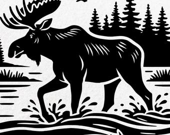 Alce SVG, Silueta de alce SVG PNG Dxf EpS, Diseño de escena de vida silvestre en el bosque, Gráfico de lago con animales, Archivo de corte láser para Cricut