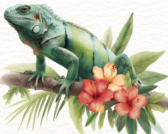 8 PNG Set di clipart di iguane tropicali • PNG di lucertole della giungla • Pacchetto di illustrazioni di rettili esotici