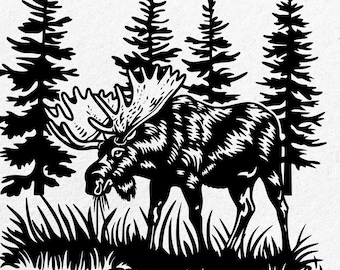 Archivo SVG de alce para Cricut, silueta de alce en el bosque en formato PNG, DXF y EPS, diseño de animales salvajes, archivo SVG para camisetas de caza, decoración de cabañas, archivo de corte láser.