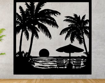 Beach SVG for Cricut, Tropical Sunset Palm Trees Scene Png DXF EPS, Summer Vacation Design, Ocean Silhouette, Laser Cut File