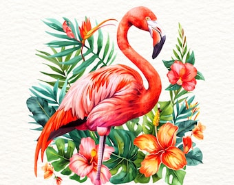 8 PNGs Tropical Flamingo PNG Clipart, Hibiscus Flowers, Summer Beach Sublimation Design Bundle Set