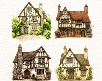 12 PNG Vintage Tudor Cottage Watercolor House Clipart Architecture Illustrations for Crafts