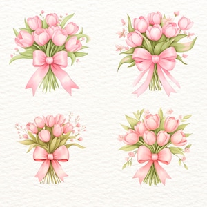 Può includere: Illustrazione ad acquerello di quattro mazzi di tulipani rosa legati con nastri rosa. I mazzi hanno foglie verdi e piccoli fiori bianchi. Lo sfondo è di colore bianco sporco strutturato.