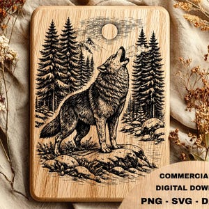 May include: Wooden cutting board with a detailed engraving of a howling wolf in a forest scene under a full moon. The design is in black and white, with pine trees and mountains in the background. The board has rounded corners.