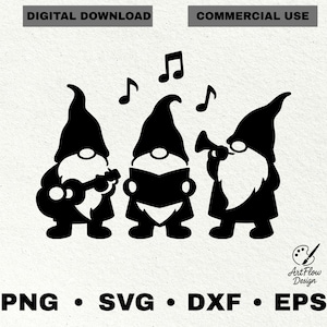 May include: Black and white illustration of three gnomes playing musical instruments. One gnome plays a guitar, another reads from a book, and the third plays a horn. The image includes the text "DIGITAL DOWNLOAD" and "COMMERCIAL USE".