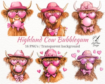16 PNGs Highland Cow PNG Bundle, Funny Cow with Bubblegum Clipart, Cute Cow with Sunglasses PNG, Trendy Cow Design, Sublimation, Printable