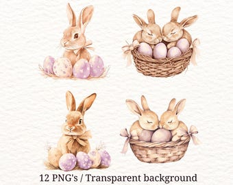 イースターバニーPNGバンドル12点、水彩バニークリップアート、透明PNG 12点、かわいいウサギの昇華プリントデザイン、春のプリント、Tシャツプリント
