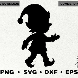 Puede incluir: Silueta negra de un elfo caminando con sombrero y botas. La imagen incluye el texto "DESCARGA DIGITAL" y "USO COMERCIAL". Debajo del elfo están los tipos de archivo: PNG, SVG, DXF y EPS.