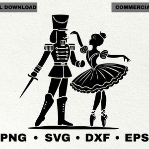 Può includere: Illustrazione digitale in bianco e nero di uno Schiaccianoci e una ballerina. Lo Schiaccianoci indossa un'uniforme militare e tiene una spada. La ballerina indossa un tutù e scarpe da punta. Il testo include "DOWNLOAD DIGITALE" e "USO COMMERCIALE".