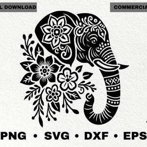 May include: A black and white elephant design featuring floral elements. The elephant's head and trunk are decorated with detailed patterns and flowers. The image includes the text "DIGITAL DOWNLOAD" and "COMMERCIAL USE" at the top, and file type options at the bottom.