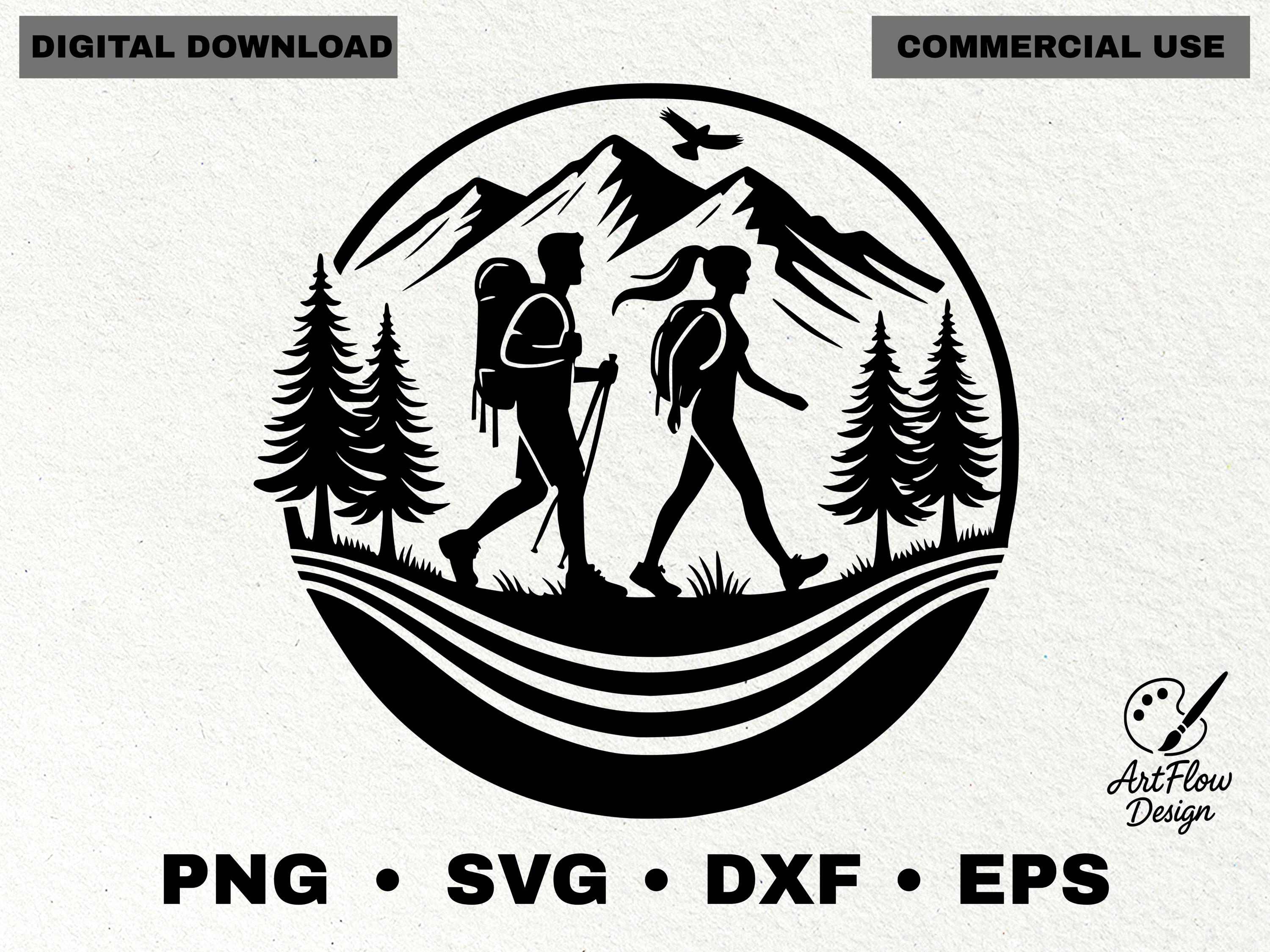 Hiking Couple Silhouette SVG, Mountain Trekking Illustration (Digital Download)