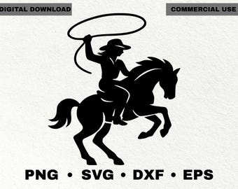 Cowgirl on Horse Silhouette Svg Png Dxf Western Rodeo Lasso File for Cricut Glowforge