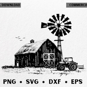 Old barn and tractor svg / Farm scene svg for shirts / Laser engraved rustic barn / Farm scene svg for laser / Tractor farm scene svg
