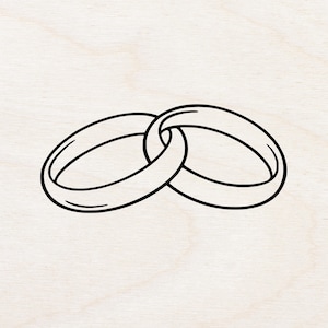 May include: Black line art illustration of two intertwined wedding rings. The rings are oval-shaped with a simple, elegant design, symbolizing unity and commitment. The background is a light wood grain texture.