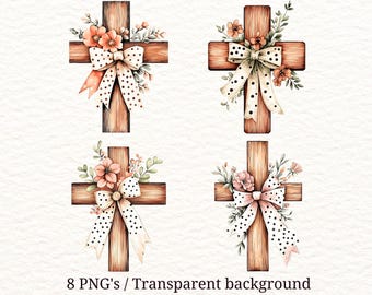 8 PNG Floral Cross PNG Bundle, Christian Watercolor Clipart, Transparent PNG, Sublimation Design, Easter Design, Printable Download