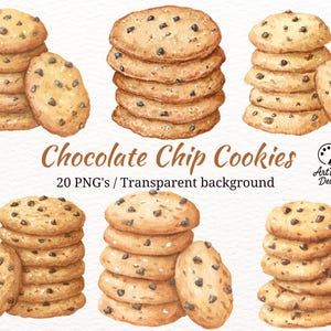May include: Watercolor illustration of chocolate chip cookies. Several stacks of cookies are shown, each with dark chocolate chips. The text "Chocolate Chip Cookies" is displayed, along with "20 PNG's / Transparent background."