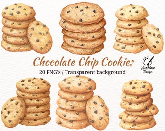 20 Pngs Watercolor Chocolate Chip Cookies Clipart • 20 PNG Set (digital ...