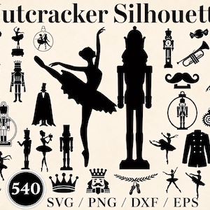 Pode incluir: Uma coleção de silhuetas pretas com designs temáticos de Quebra-Nozes, incluindo bailarinas, soldados, coroas, instrumentos musicais e ornamentos. O texto Nutcracker Silhouette e 540 SVG PNG DXF EPS é visível na imagem.