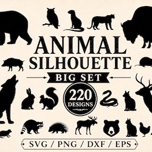 Djursilhuett SVG-paket / Vilda djur klippfil / Gårdsdjur i skogsmark PNG (220 designer) (Digital nedladdning - Kommersiellt bruk)