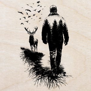 May include: Black and white illustration of a person walking away from a deer, with birds flying overhead. The person's jacket features a forest design. The artwork is on a light wood grain background.