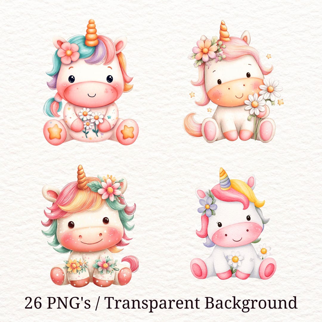 26 Unicorn PNG Bundle, Cute Baby Unicorn Clipart, Kawaii Pastel Unicorn ...