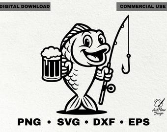 Funny Fish with Beer SVG: Drinking Fisherman Clipart (Digital Download)
