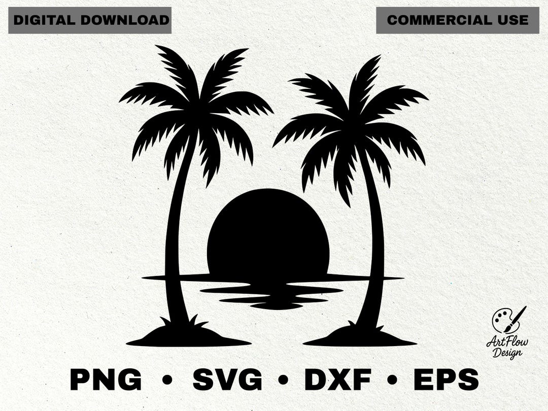 Palm Tree Sunset SVG: Tropical Beach Silhouette Cut File (digital