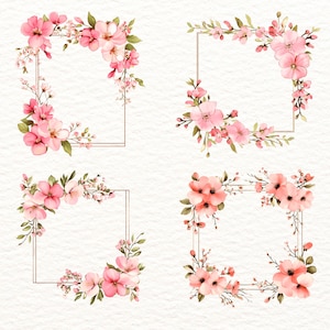 Può includere: Quattro cornici floreali ad acquerello con fiori rosa e foglie verdi. Ogni cornice ha un bordo rettangolare dorato. I fiori sono disposti negli angoli, creando un design delicato ed elegante.