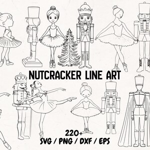 Peut inclure: Une collection d'illustrations au trait noir et blanc représentant des casse-noisettes, des ballerines et un sapin de Noël. Le texte NUTCRACKER LINE ART et 220+ SVG / PNG / DXF / EPS est affiché au centre de l'image.