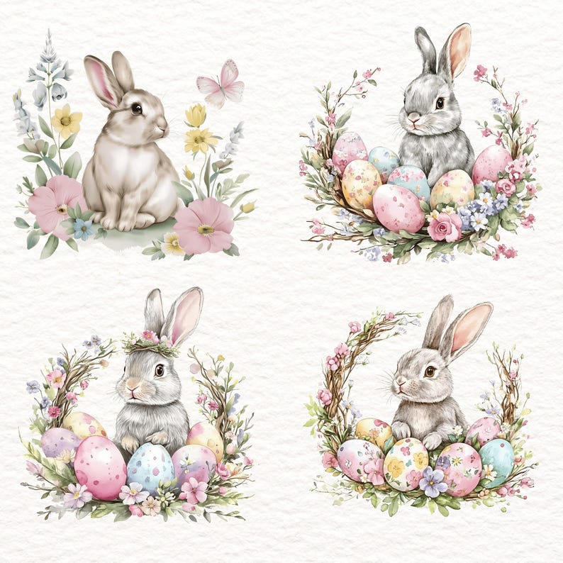 7 PNG Watercolor Easter Bunny Clipart, Spring Rabbit Set (digital ...