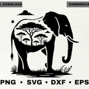 May include: A black silhouette of an elephant with a savanna landscape inside. The design features trees, grass, clouds, and a bird. Text at the top reads "DIGITAL DOWNLOAD" and "COMMERCIAL USE". The bottom text includes "PNG", "SVG", "DXF", and "EPS".