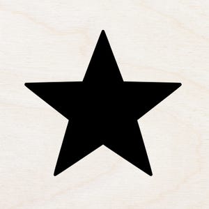 May include: A solid black star shape against a light wood grain background. The star has five points and a simple, bold design. The image is a graphic illustration of a star.