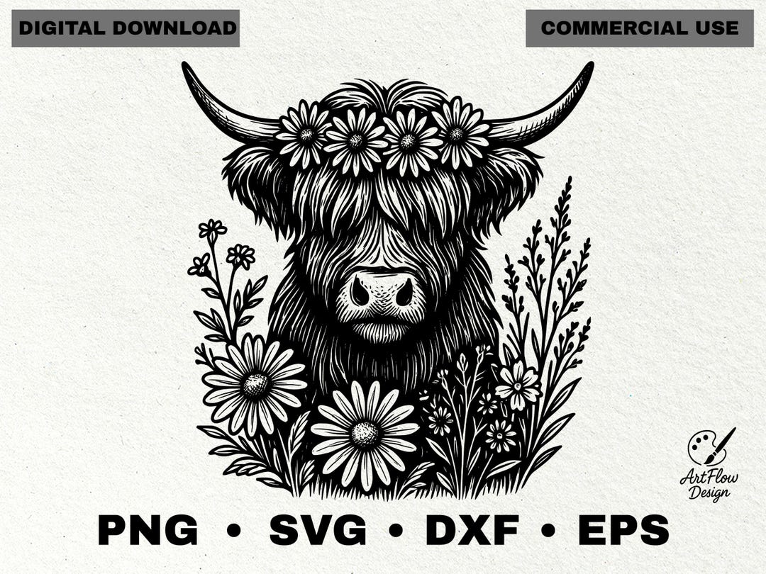 Highland Cow SVG, Cow With Flowers Svg Png DXF EPS, Floral Cow Design ...