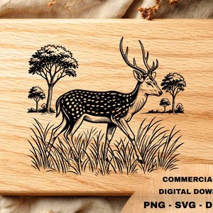 May include: A rectangular wooden board featuring a black laser-engraved illustration of a spotted deer standing in tall grass with trees in the background. The image includes text stating Commercial Use, Digital Download, PNG, SVG, DXF, and EPS.
