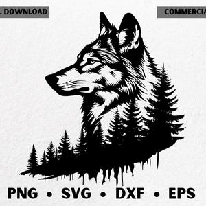 May include: Black and white illustration of a wolf's profile, with a forest silhouette integrated into its form. The image includes the text "DIGITAL DOWNLOAD" and "COMMERCIAL USE" at the top, and file type indicators: PNG, SVG, DXF, and EPS at the bottom.