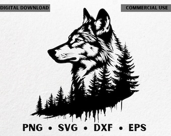 Può includere: Illustrazione in bianco e nero del profilo di un lupo con una silhouette di foresta integrata. L'immagine include il testo "DOWNLOAD DIGITALE" e "USO COMMERCIALE", e le indicazioni dei tipi di file: PNG, SVG, DXF e EPS.