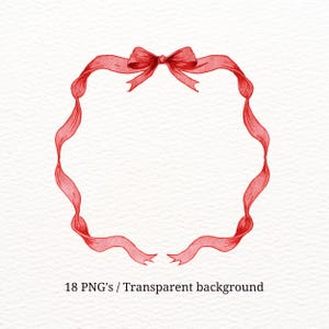Puede incluir: Ilustración en acuarela de una cinta roja dispuesta en un marco circular con un lazo en la parte superior. La cinta tiene un diseño ondulado y está sobre un fondo blanco texturizado. El texto "18 PNG's / Transparent background" está en la parte inferior.
