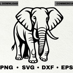 May include: A monochrome illustration of an elephant, depicted front-on. The elephant features prominent ears, a trunk, and tusks. The image includes the text "DIGITAL DOWNLOAD" and "COMMERCIAL USE" at the top, and "PNG • SVG • DXF • EPS" at the bottom.