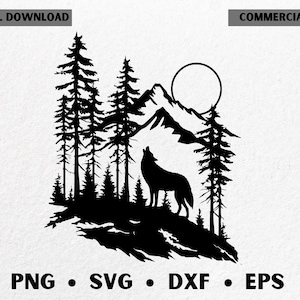 Wolf howling at the moon svg / Forest animals silhouette svg / Howling wolf svg / Wolf in the forest stencil / Forest scene svg